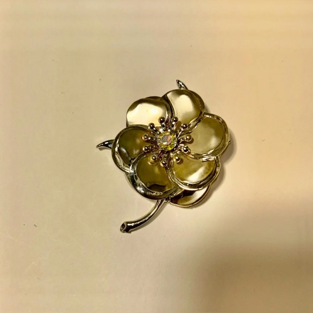 Silver Matte and Glossy Flower Brooch with a Aurora borealis Crystal